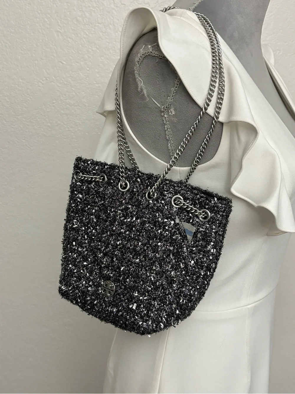 Authentic TORY BURCH Willa Metallic Tweed Small Drawstring Bag